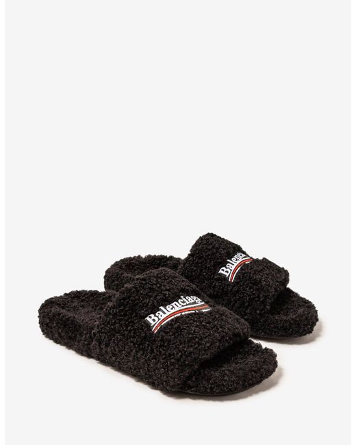 Balenciaga Synthetic Black Political Logo Furry Slide Sandals for Men