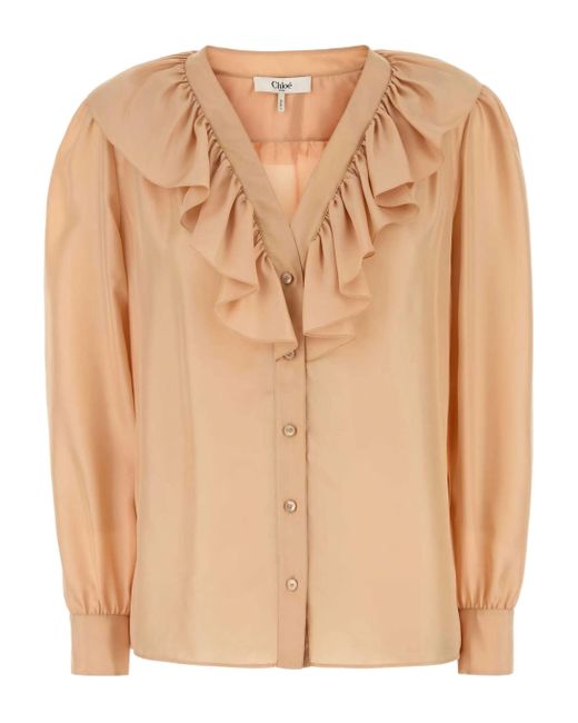 Chloé Natural Seidenbluse Mit V-Ausschnitt Und Rüschen