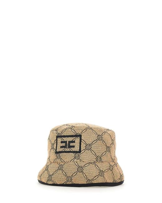 Elisabetta Franchi Natural Raffia-Monogramm-Bucket-Hut