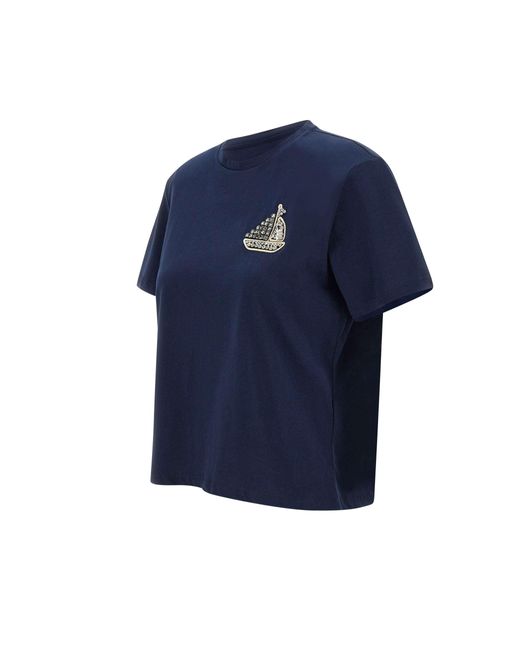 Liu Jo Blue Blaues Besticktes T-Shirt Mit Strasssteinen