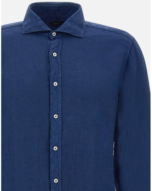 Fay Blaues Leinenhemd Mit Perlmuttknopfverschluss in Blue für Herren