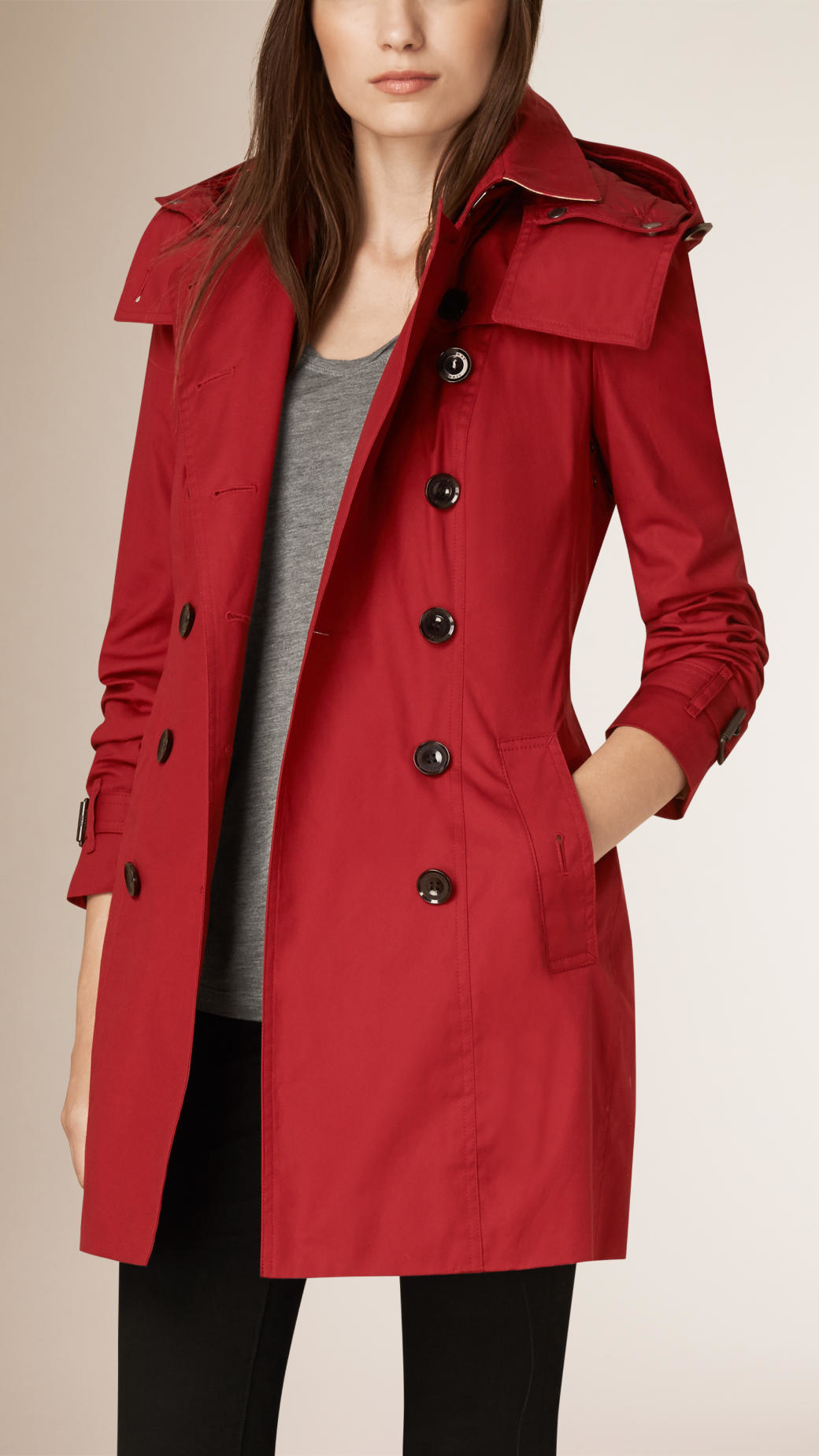Burberry Hooded Cotton Trench Coat With Warmer in Damson (Red) -
