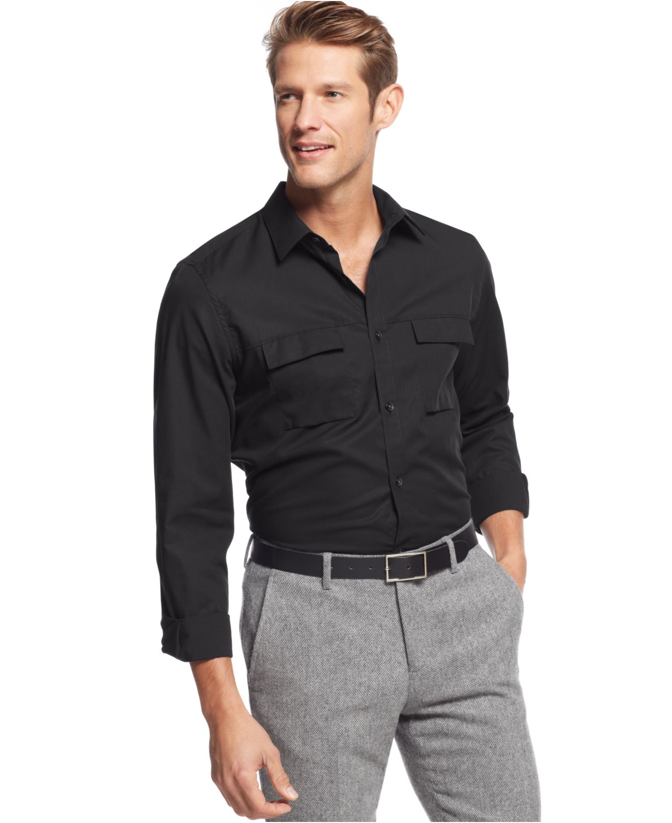 Calvin Klein Double-Pocket Poplin Shirt in Black for Men | Lyst
