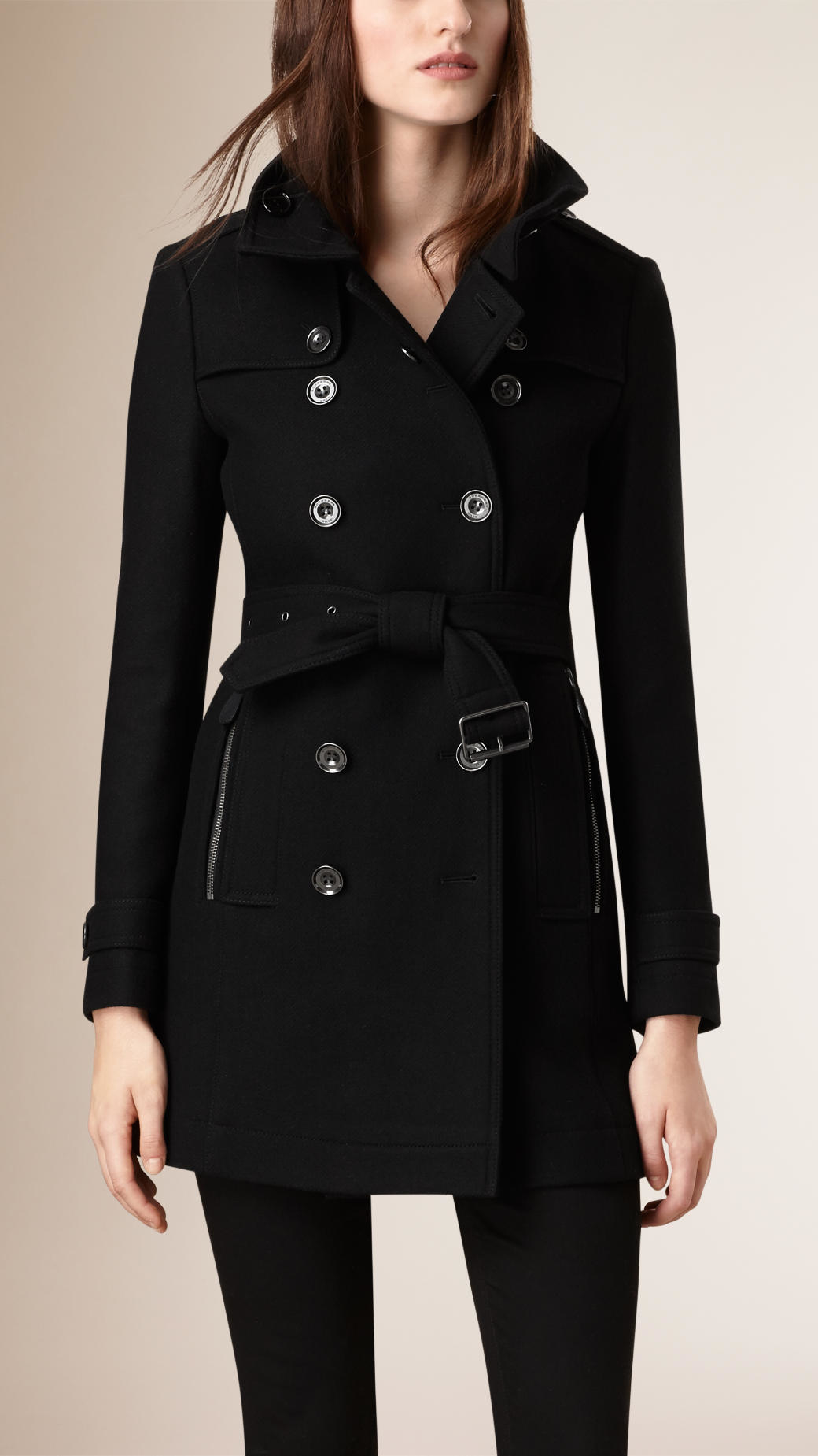 Burberry Short Double Wool Twill Trench Coat in Black | Lyst