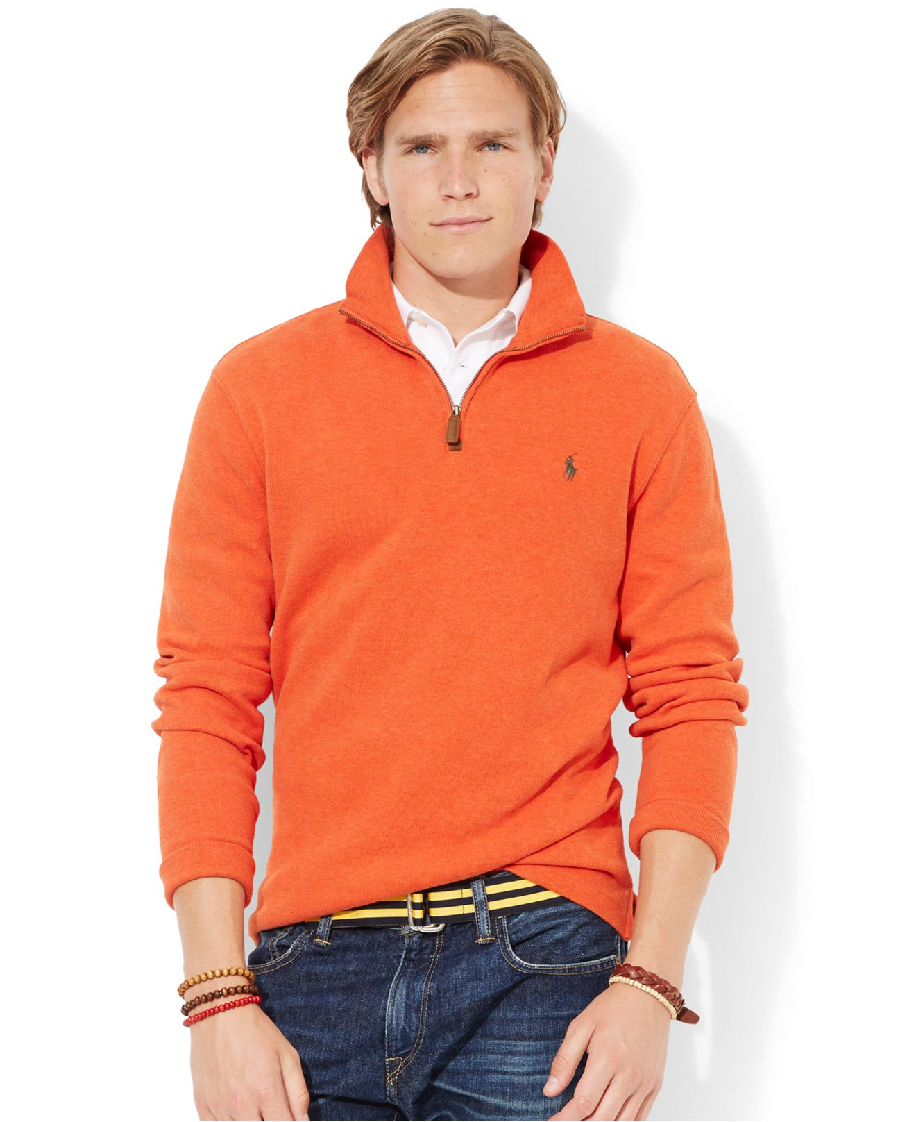 S, College Orange Polo Ralph Lauren Men Half Zip French Rib Cotton Sweater  Men Sweaters