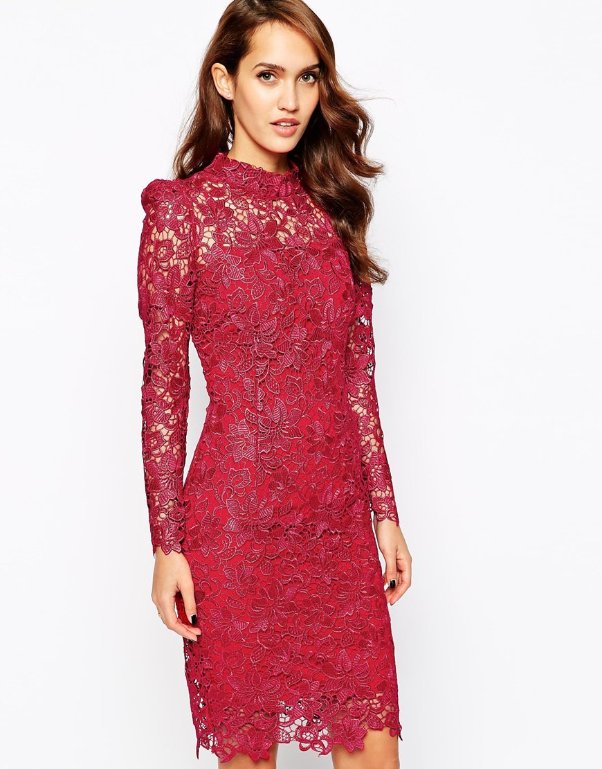 High neck red lace dress Clearance