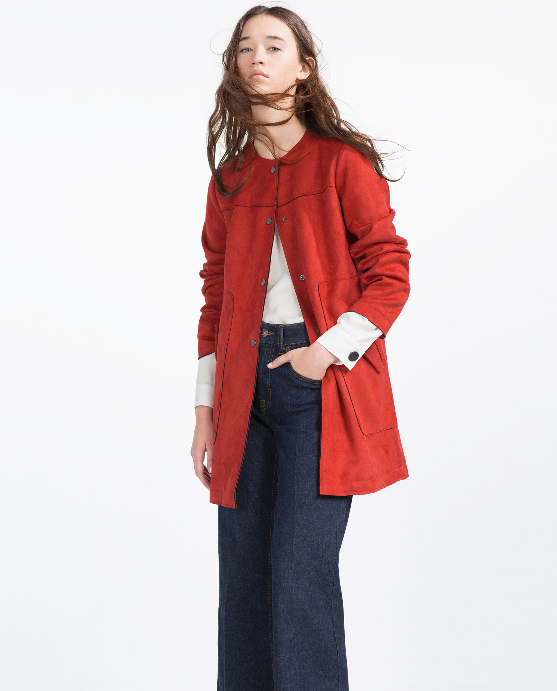 Zara Red Suede Effect Coat in Red | Lyst