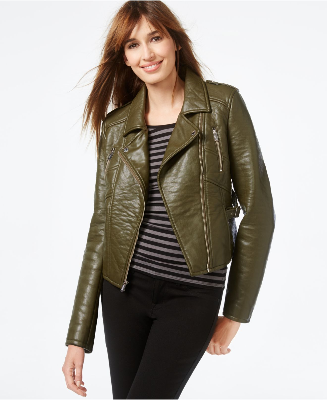 Lyst Rachel Roy Faux Leather Cropped Moto Jacket In Green Gallery Previously Sold At Macy S Women Cropped Leather Jackets