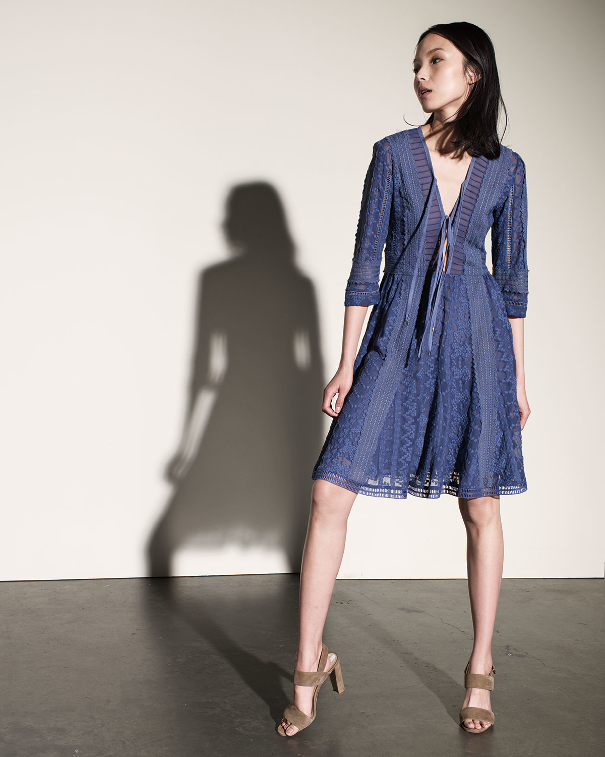 Lyst Rebecca Taylor Embroidered 3 4 Sleeve Tie Front Dress In Blue Gallery