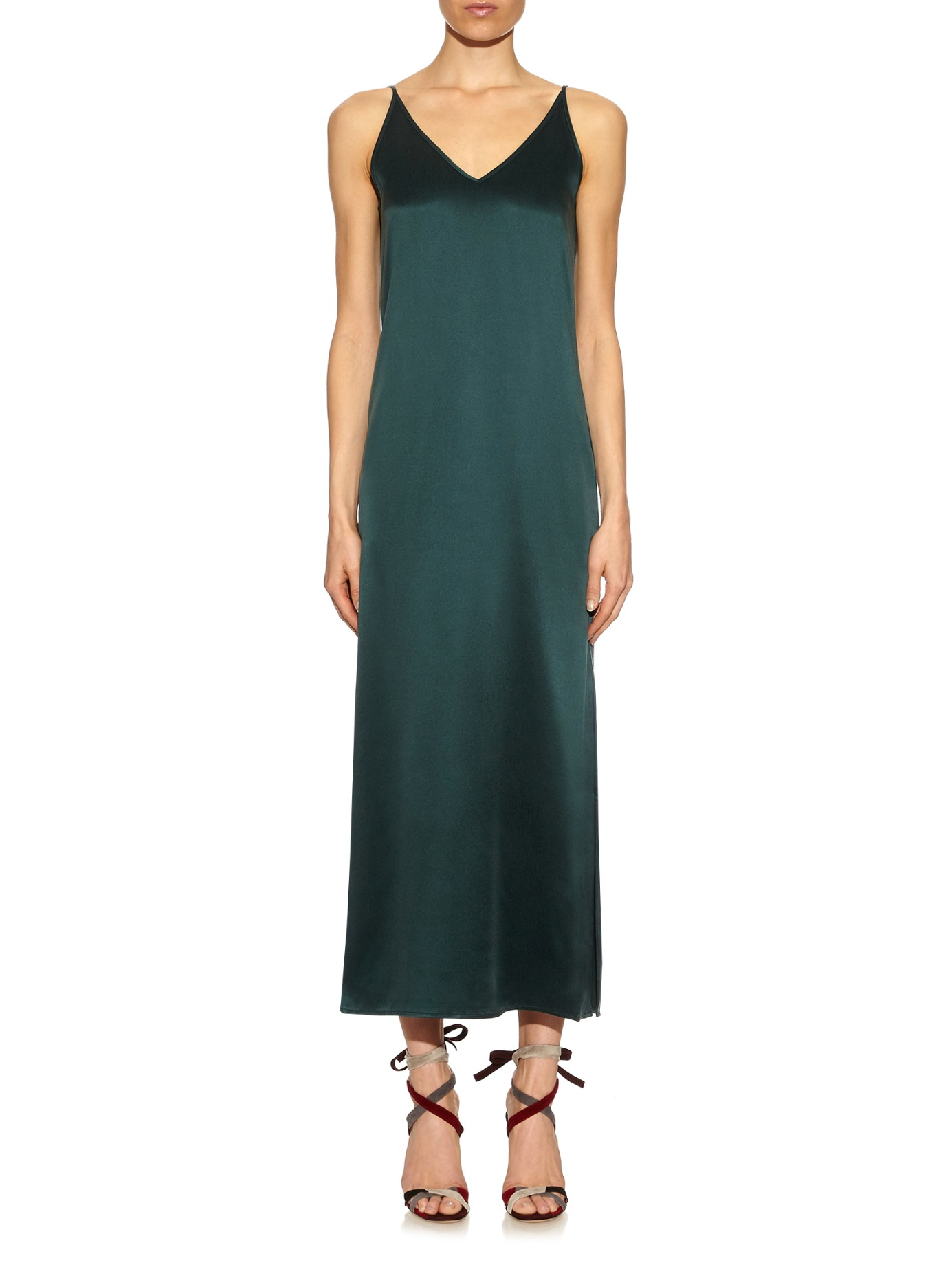green slip silk dress