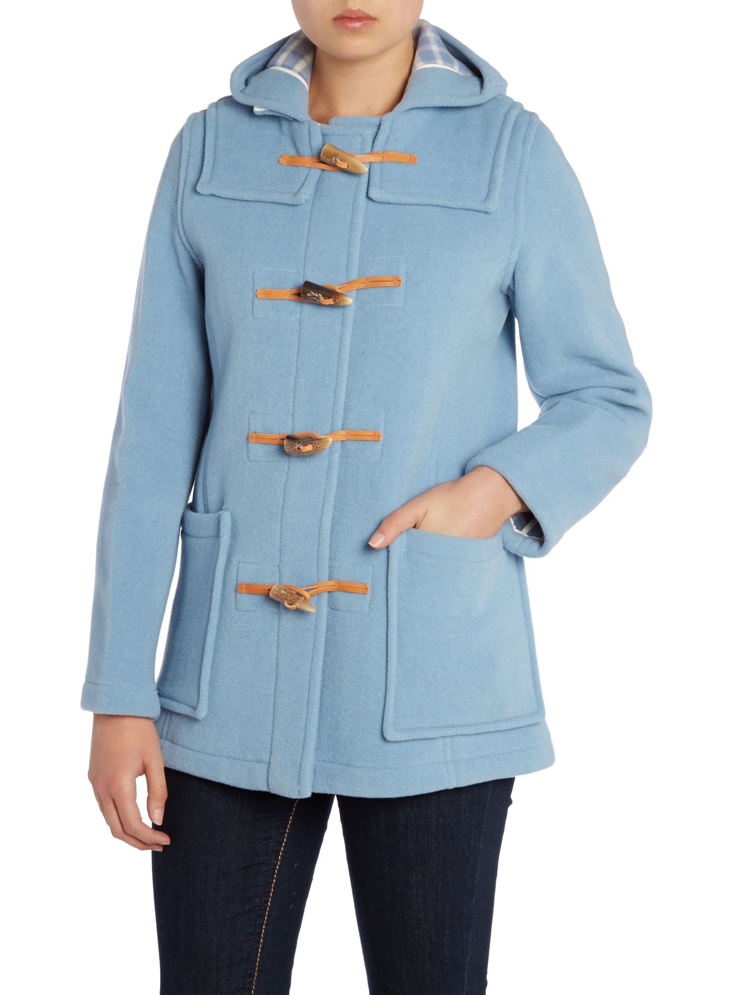 Double Breasted Coats Mid length classic wool mix duffle coat in navy. Hand made in England- really- not all `British`duffles are made here anymore. Made from the best Italian cloth from Tuscany.