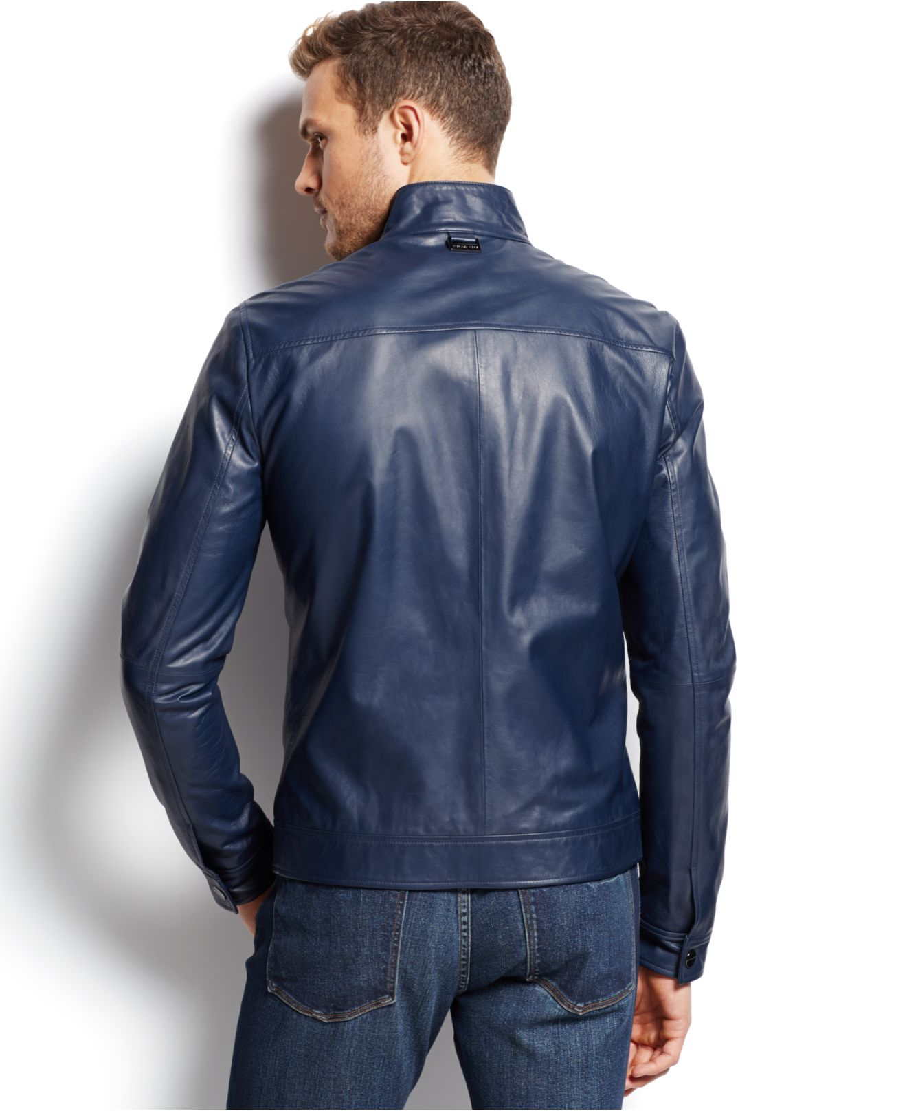Download Michael Kors Harrington Leather Jacket in Atlantic Blue ...