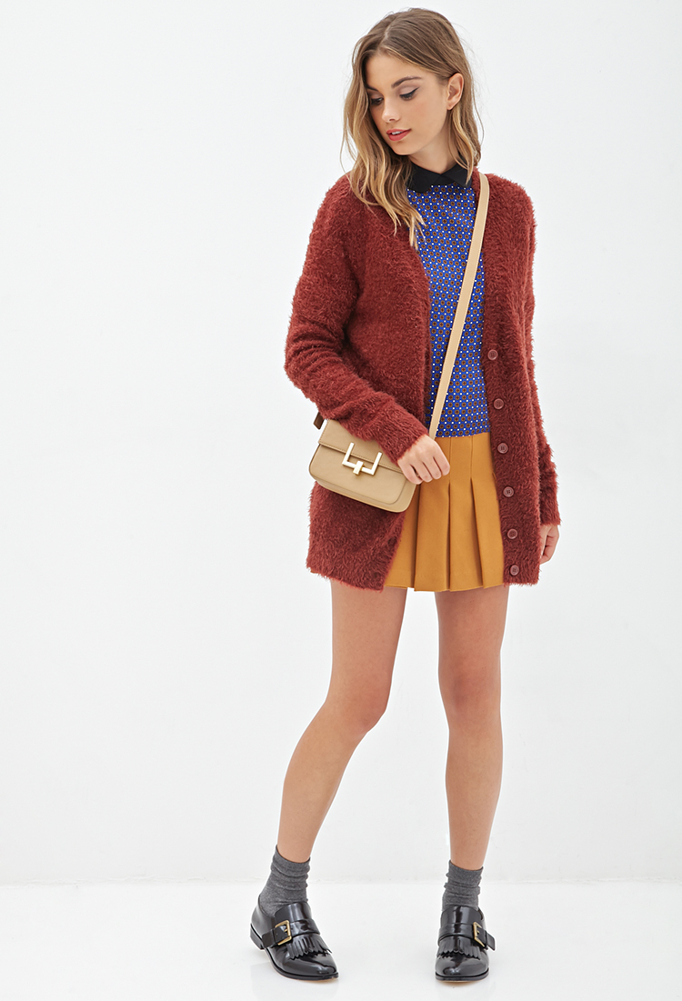 Forever 21 Button-down Fuzzy Cardigan in Brown | Lyst