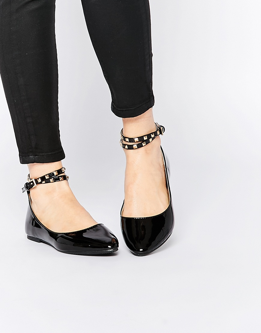 boks bid indtryk Daisy Street Black Studded Ankle Strap Ballet Flat Shoes | Lyst
