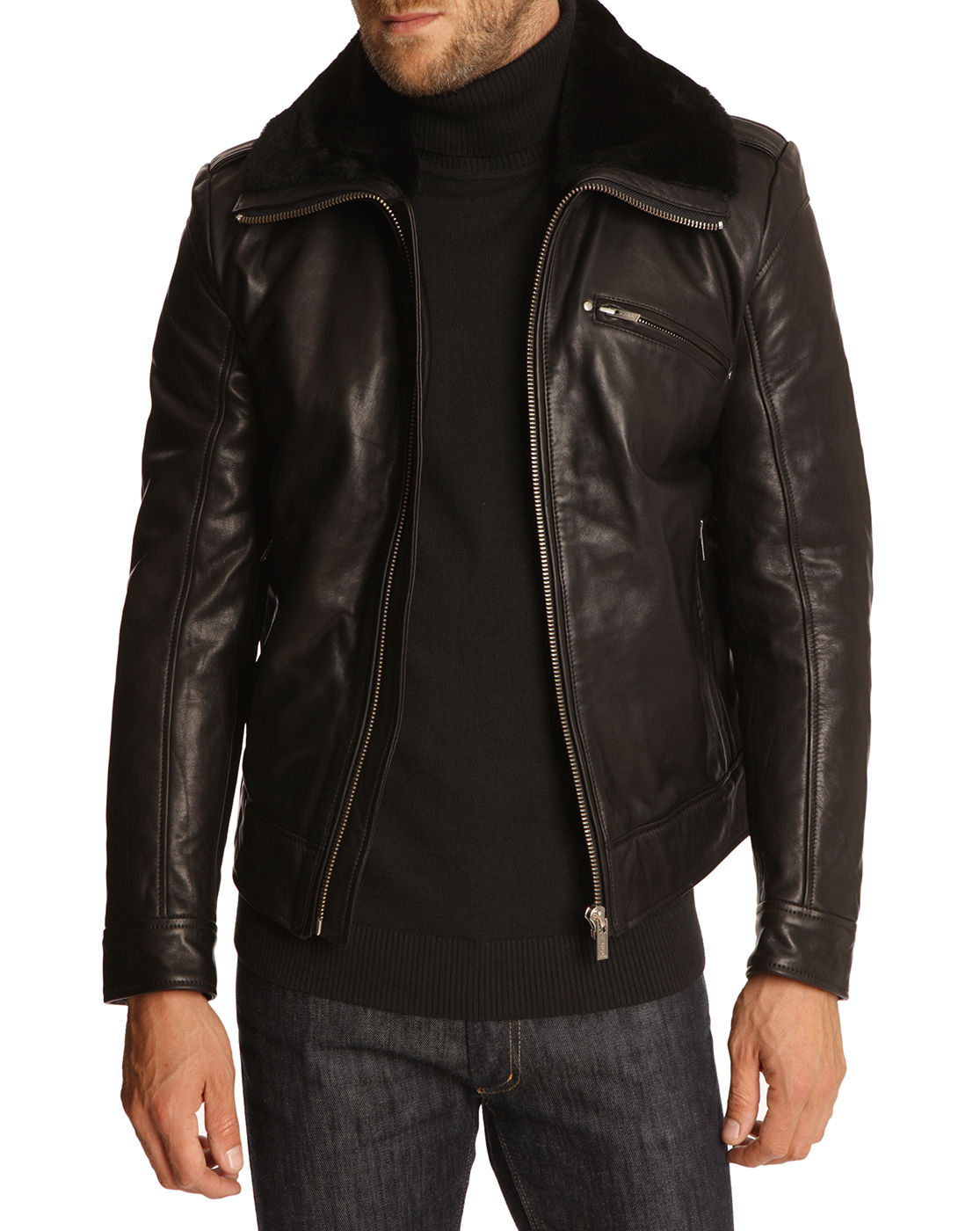 hugo boss leather jacket fur collar