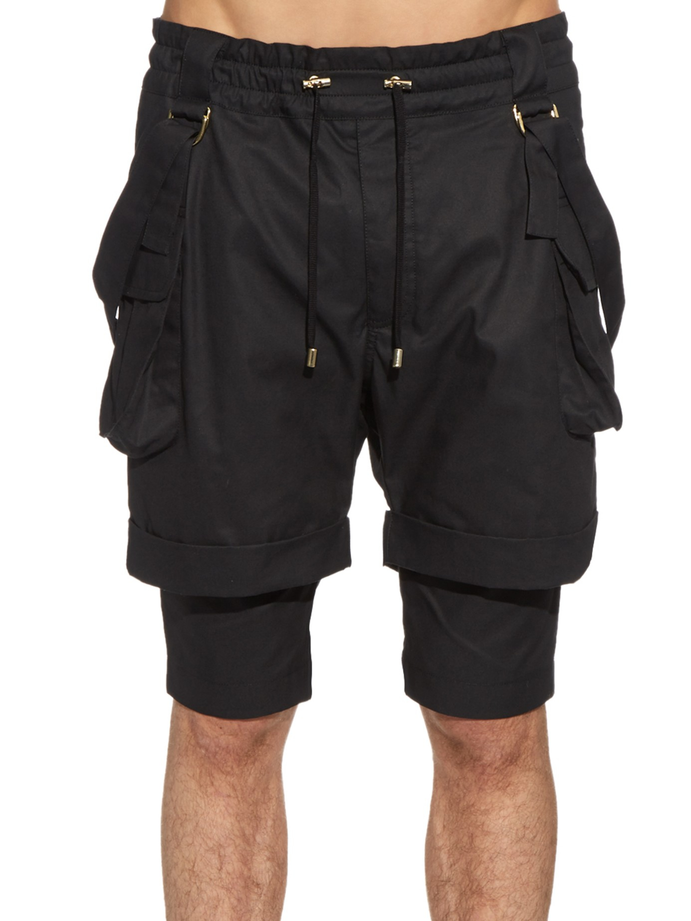 Lyst Balmain Drawstring Cottontwill Double Shorts in Black for Men