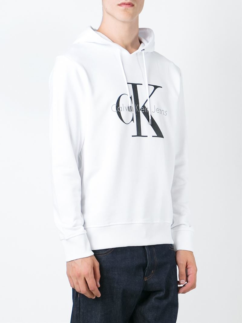 Calvin Klein Logo Print Hoodie in White for Men - Lyst