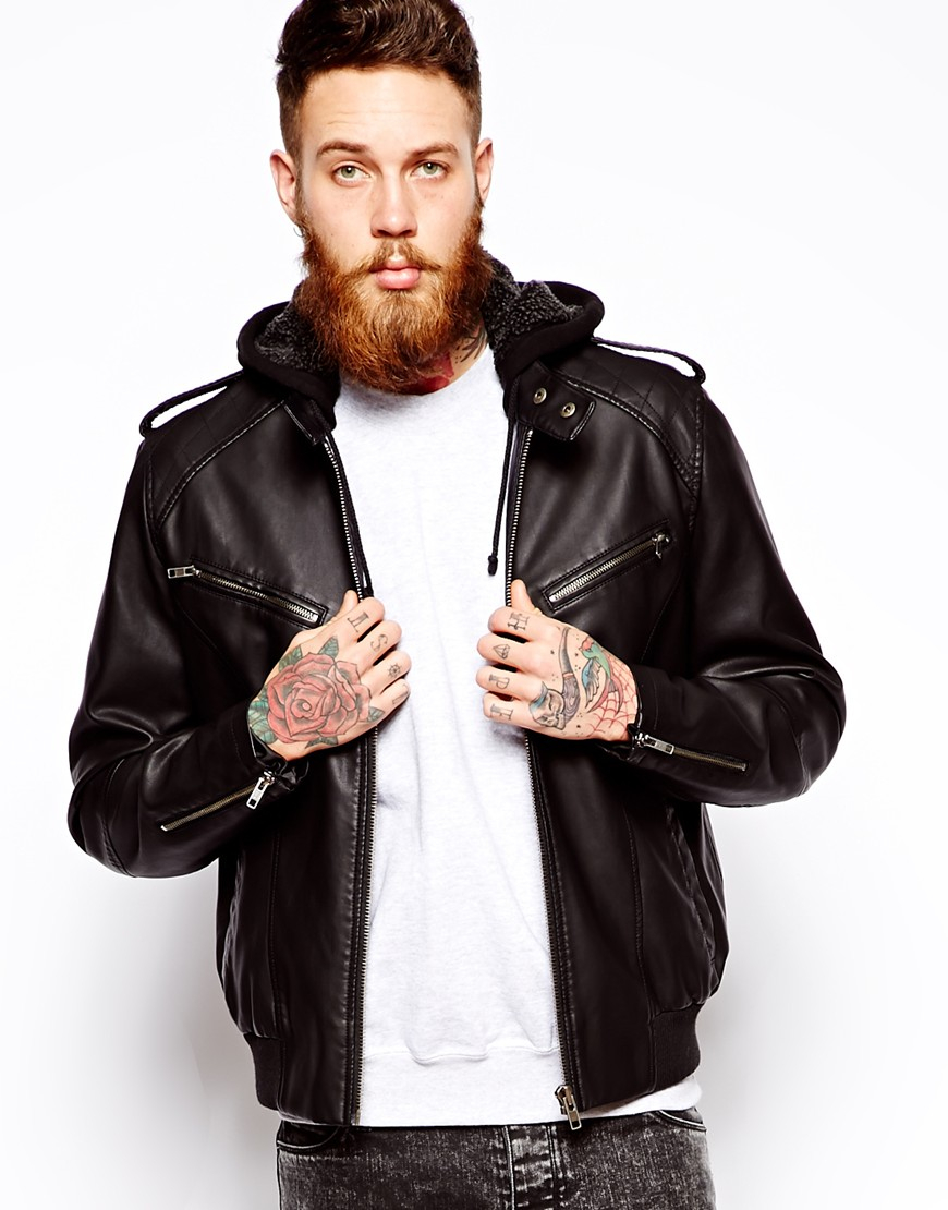 leather biker jacket with hood