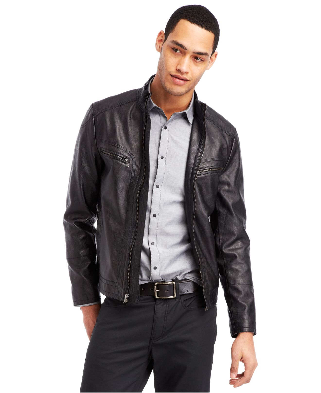 Kenneth Cole Reaction Black Faux Leather Moto Jacket For Men