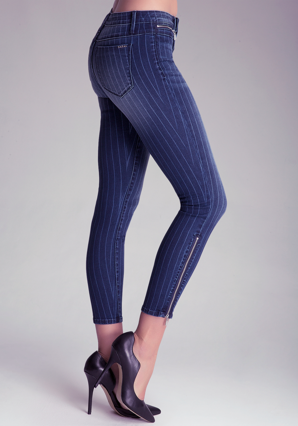 Lyst - Bebe Pinstripe Zip Skinny Jeans in Blue