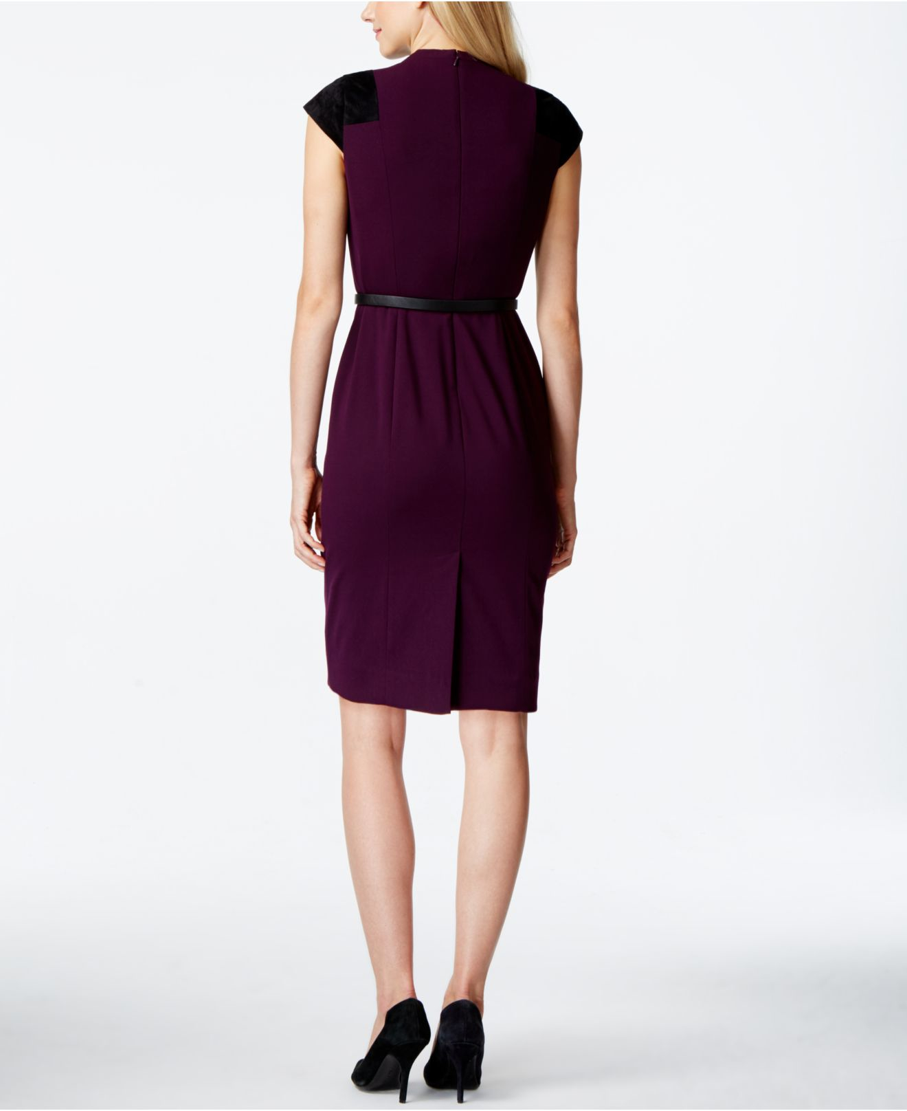 Calvin Klein Cap-sleeve Belted Sheath Dress in Purple - Lyst