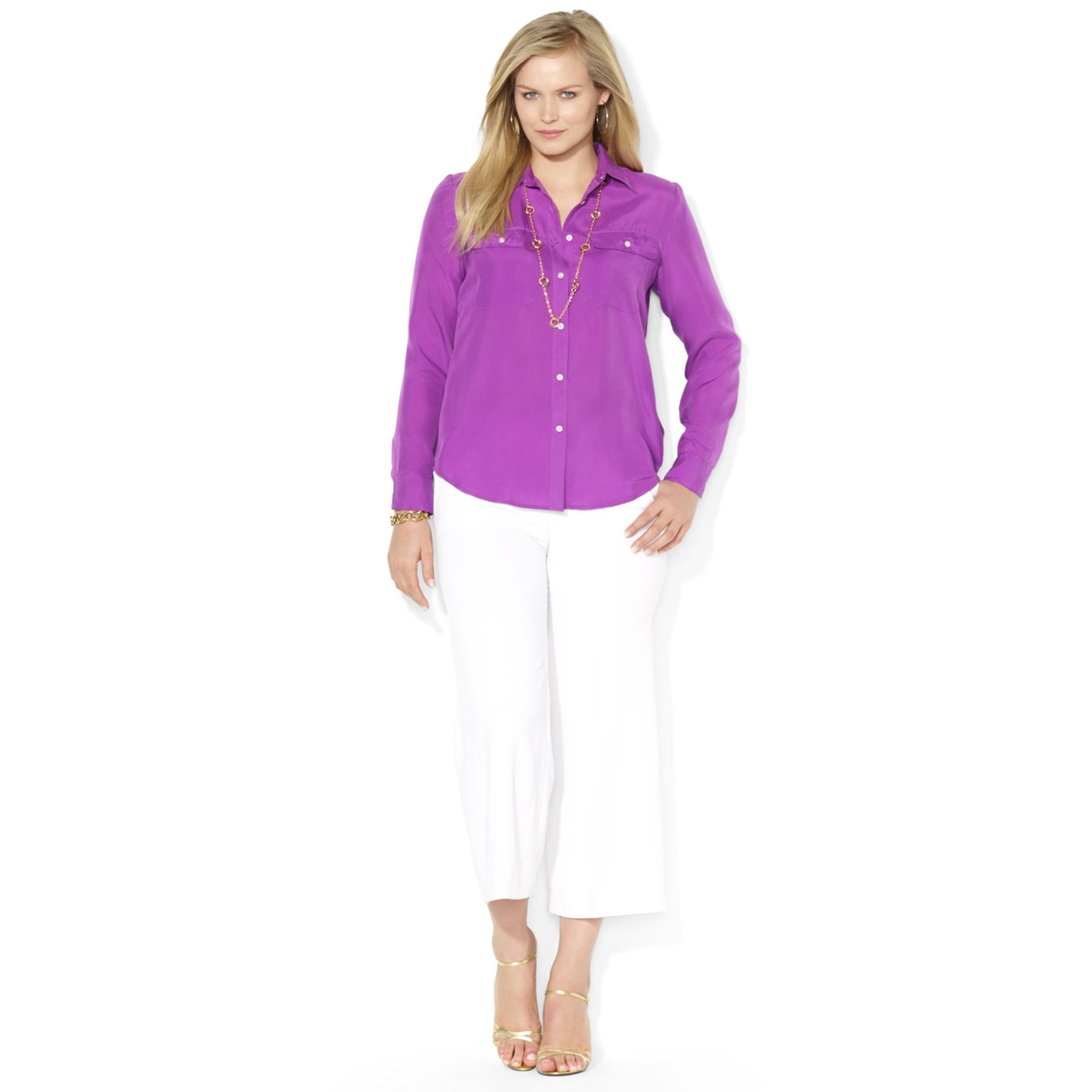 Lyst Lauren By Ralph Lauren Plus Size Longsleeve Silk Shirt in Purple