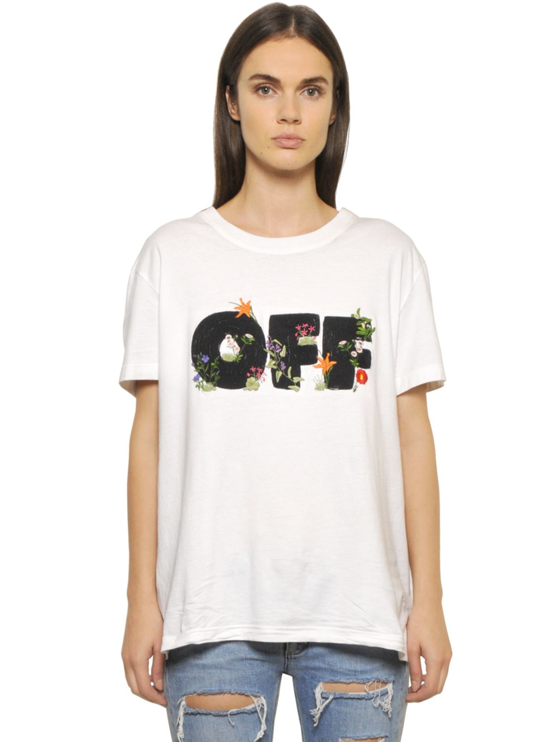 Off-White c/o Virgil Abloh Flower Embroidered Cotton Jersey T 