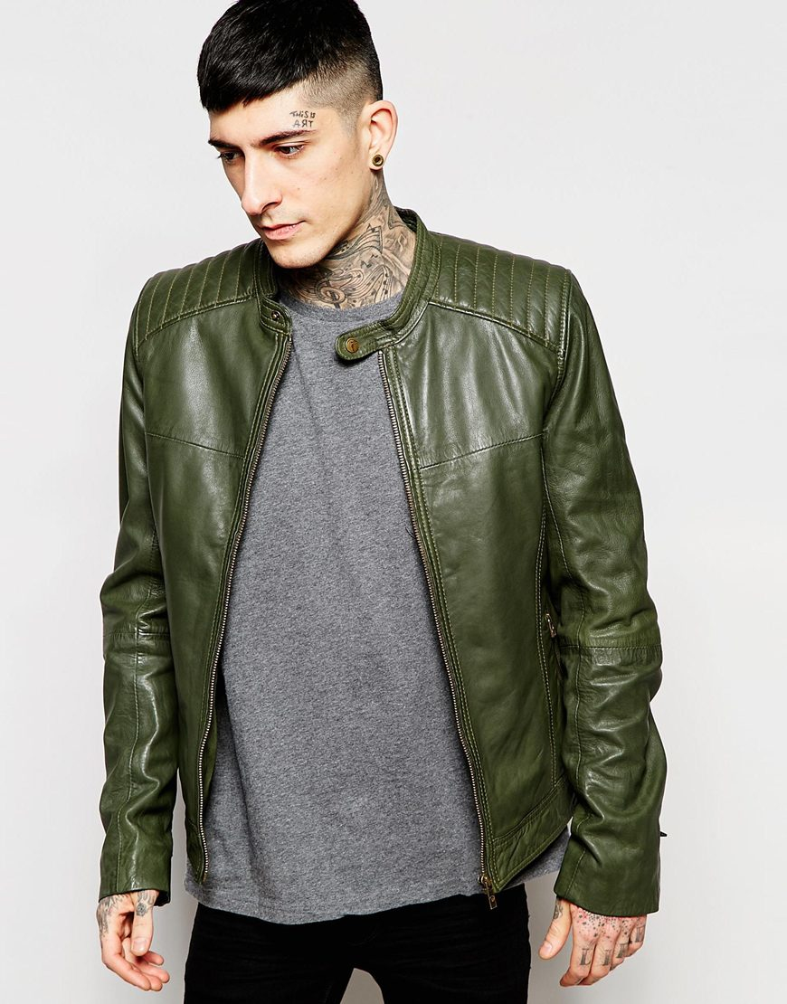 Goosecraft Leather Biker Jacket in Green for Men - Lyst