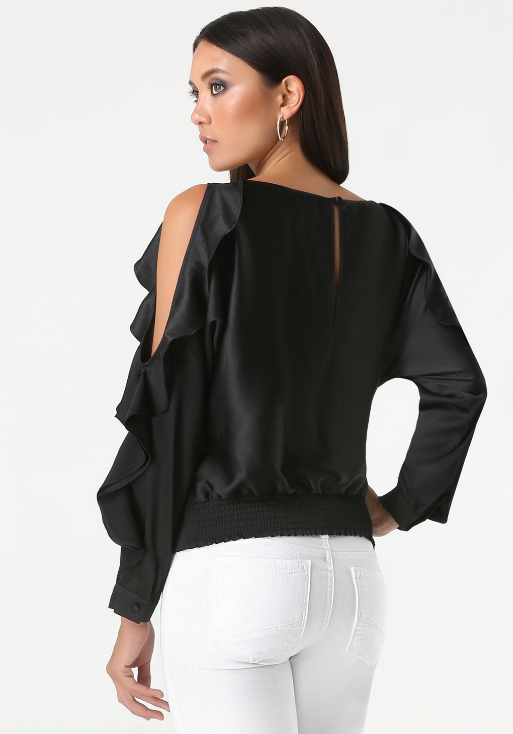 black ruffle cold shoulder top