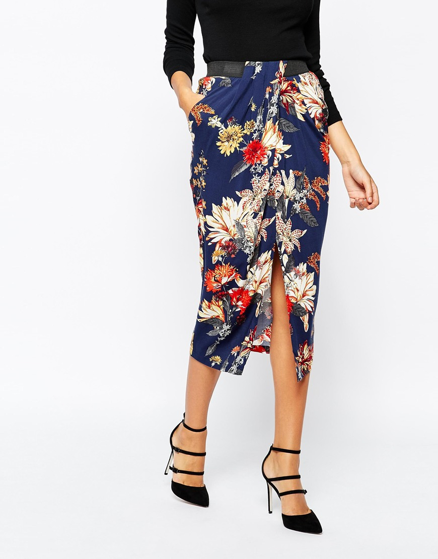 Warehouse Floral Wrap Midi Skirt in Navy (Blue) | Lyst