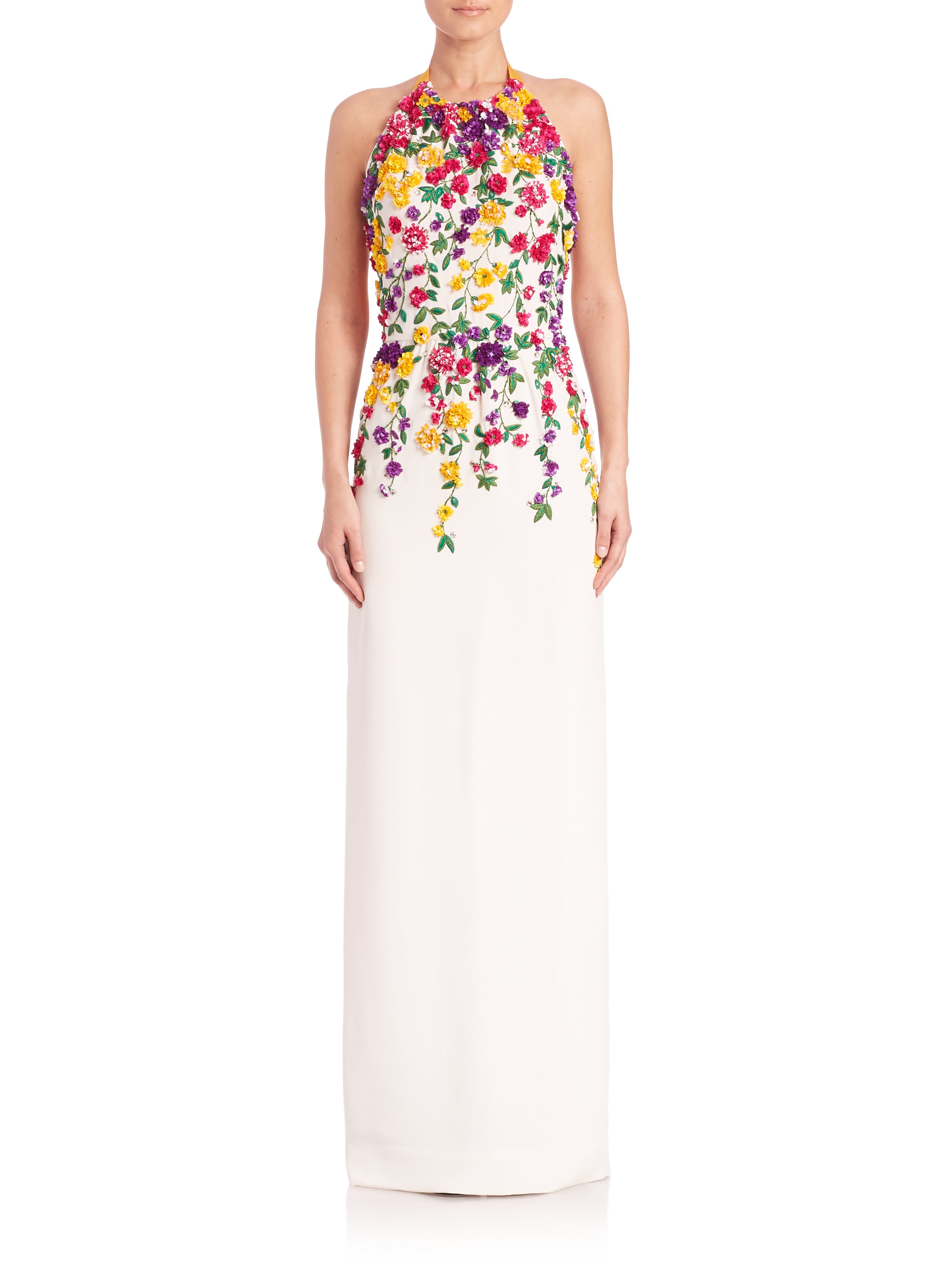 Oscar de la Renta Floral Applique Silk Gown in White | Lyst