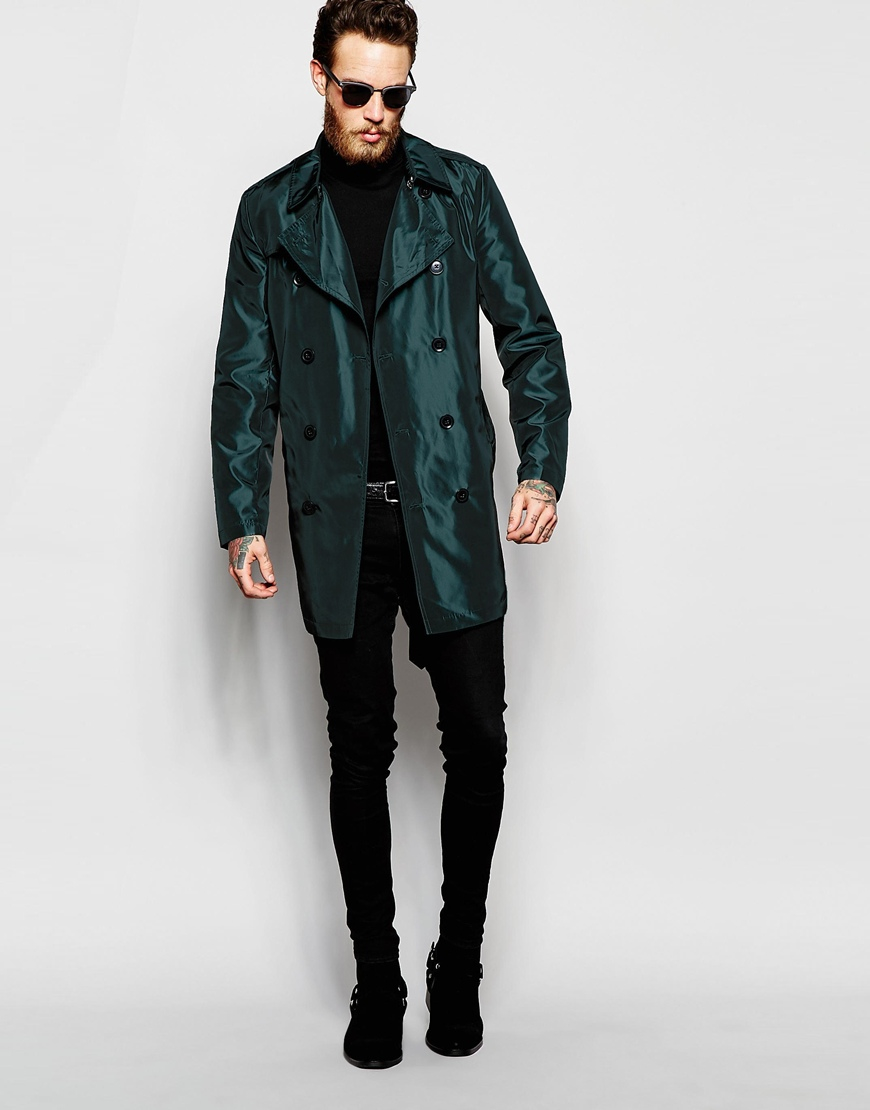 ASOS Synthetic Trench Coat In Two Tone Fabric In Emerald Green for Men -  Lyst