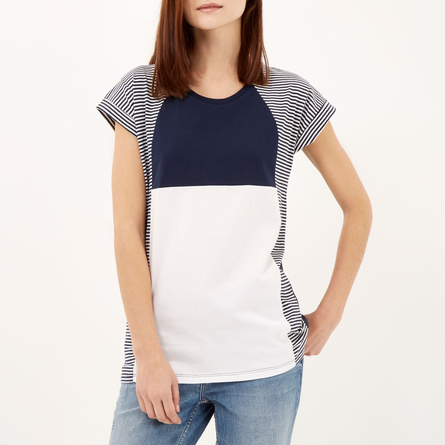 River island Navy Stripe Colour Block Oversized TShirt in Blue (navy) Lyst