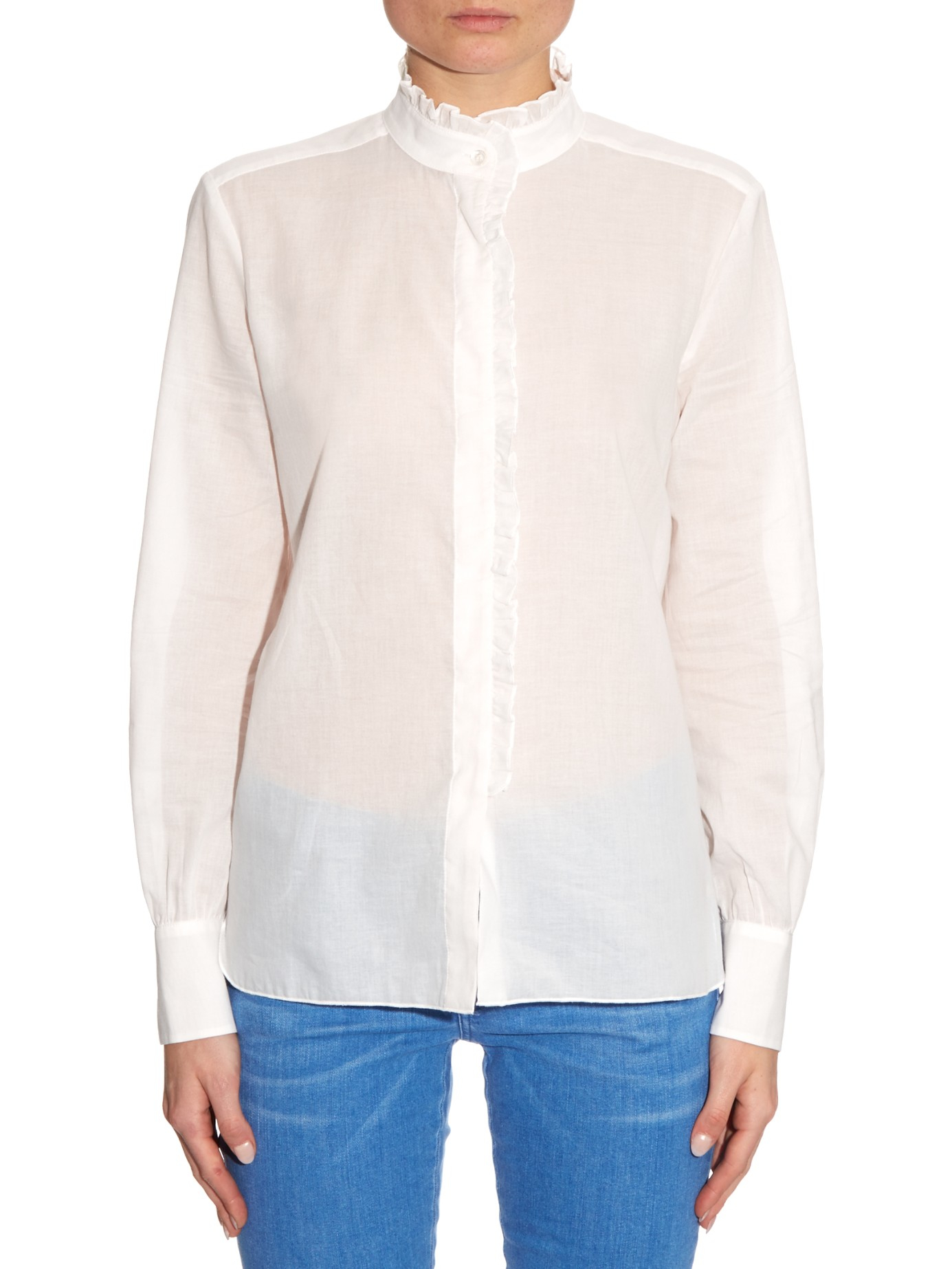 white blouse with ruffle neck