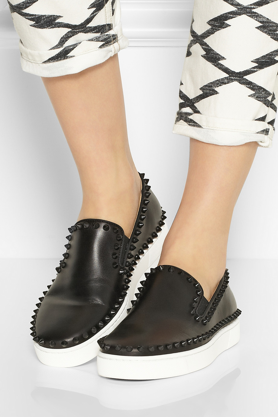 Christian Louboutin Pik Boat Studded Leather Slipon Sneakers in Black