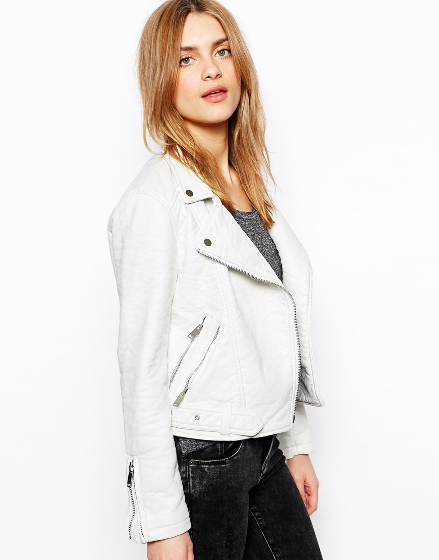 Pull Bear White Faux Leather Buckle Biker Jacket