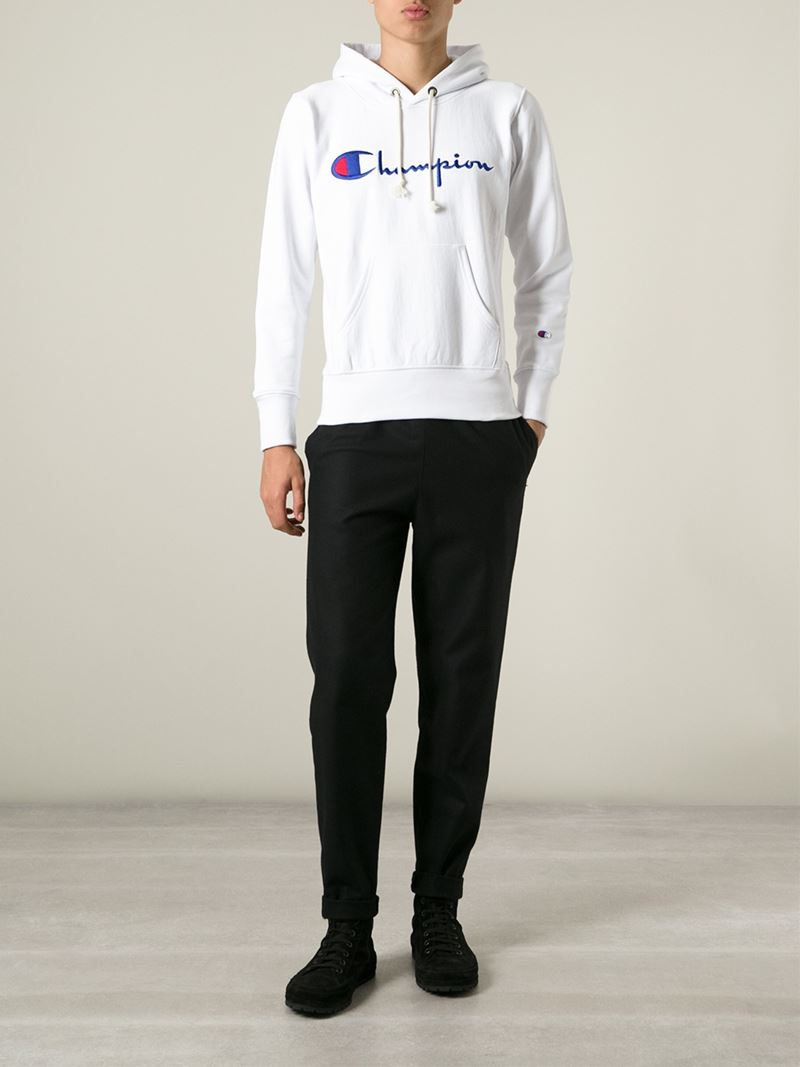white champion logo hoodie