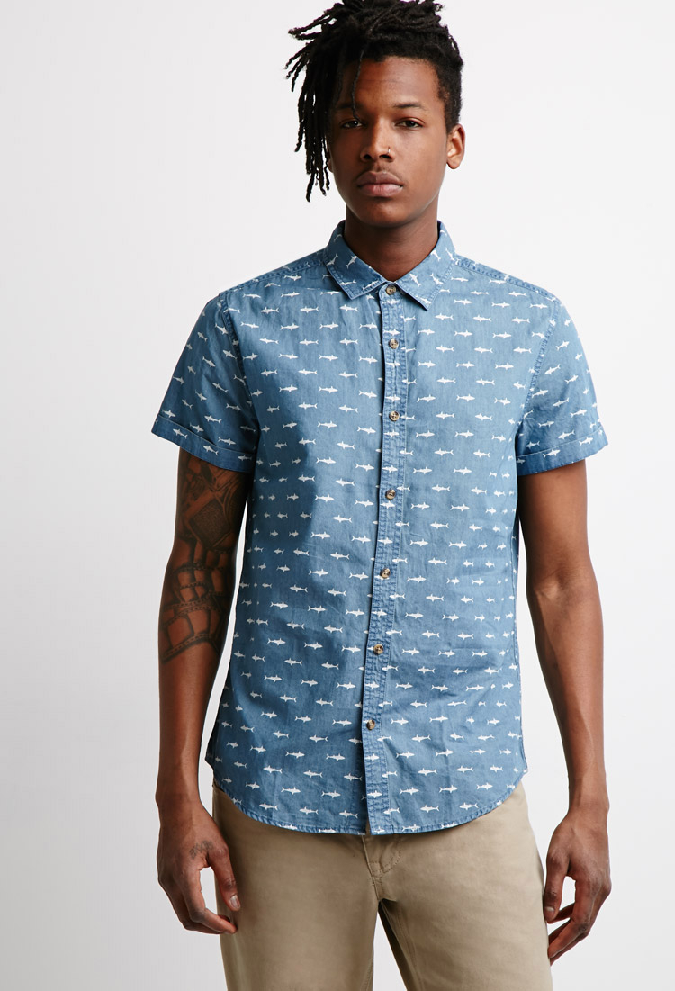 shark print button up shirt