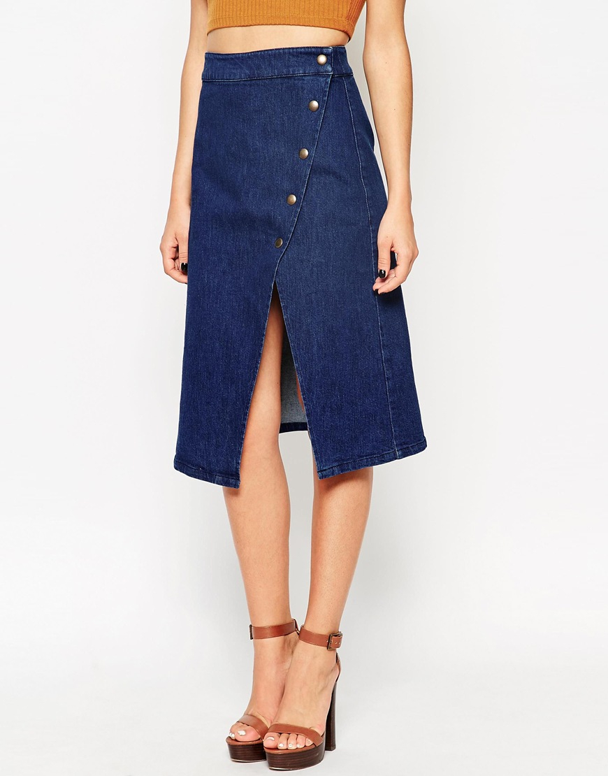 ASOS Denim Wrap Midi Skirt With Poppers in Indigo (Blue) Lyst