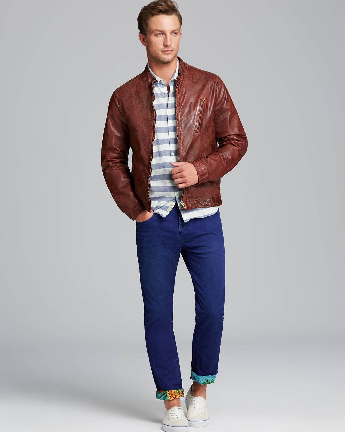 Scotch Soda Scotch Soda Washed Leather Biker Jacket In Brown For Men Lyst