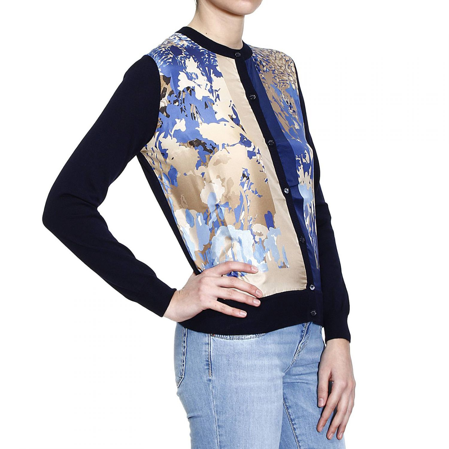 Ferragamo Sweater Knit Cardigan With Silk Printed In Front in Blue 