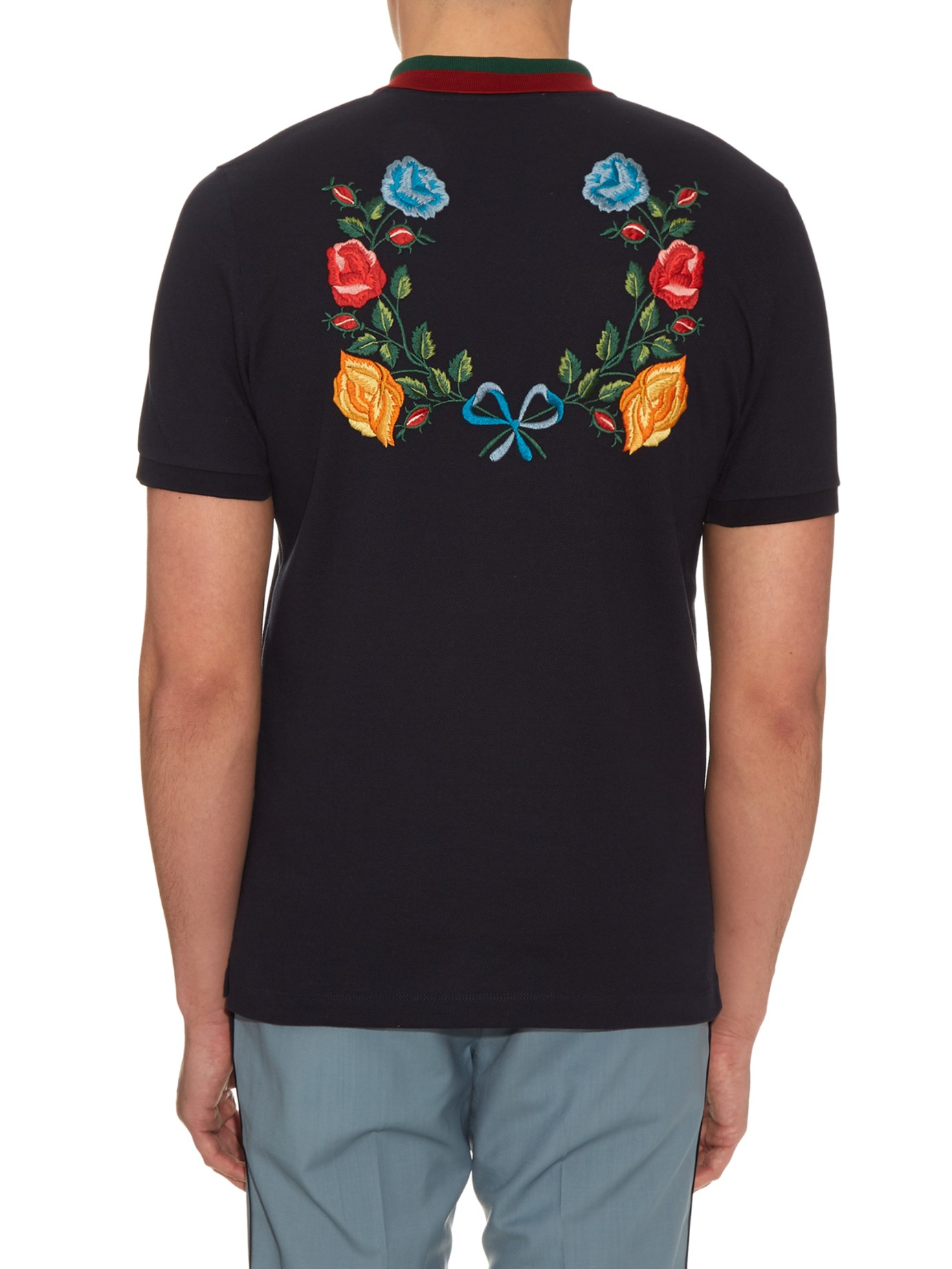 Gucci Floral-embroidered Cotton-blend Polo Shirt in Navy (Black) for Men -