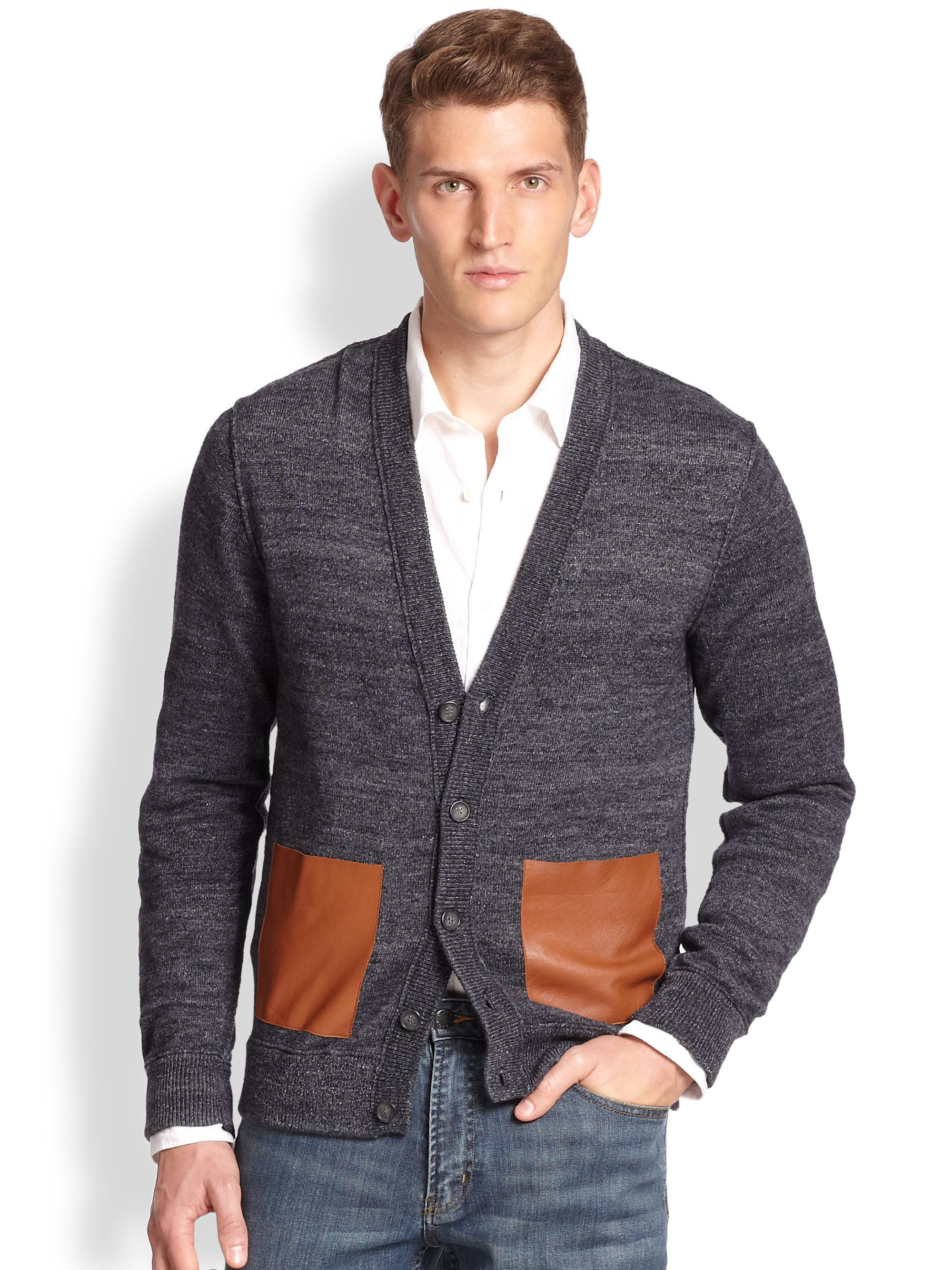 Michael kors Leather Pocket Cardigan Sweater in Blue for Men | Lyst