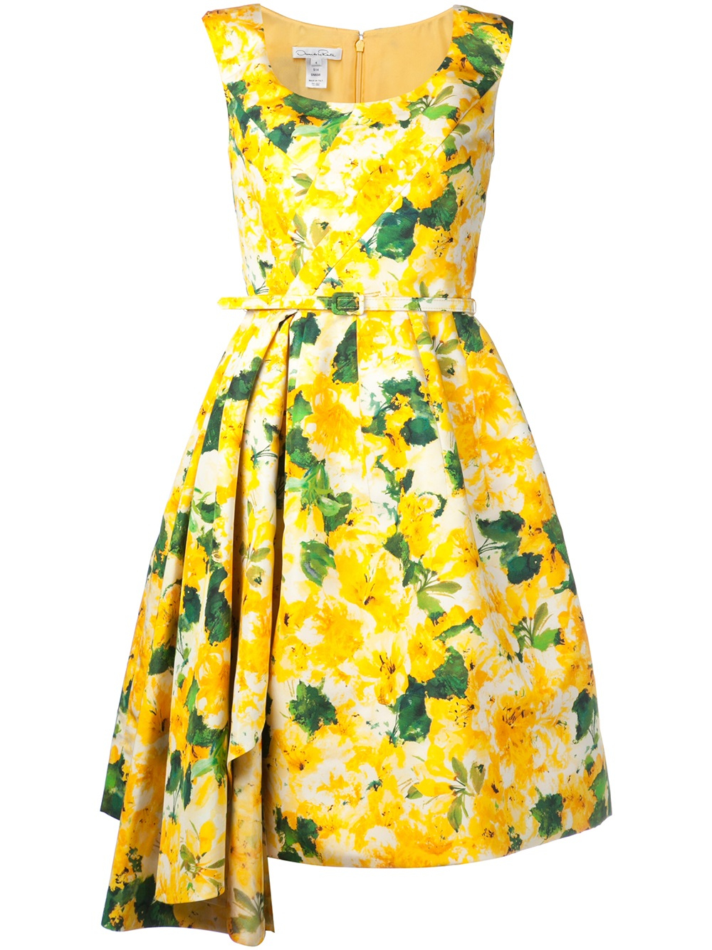 Oscar de la renta Floral Pleated Dress in Yellow | Lyst