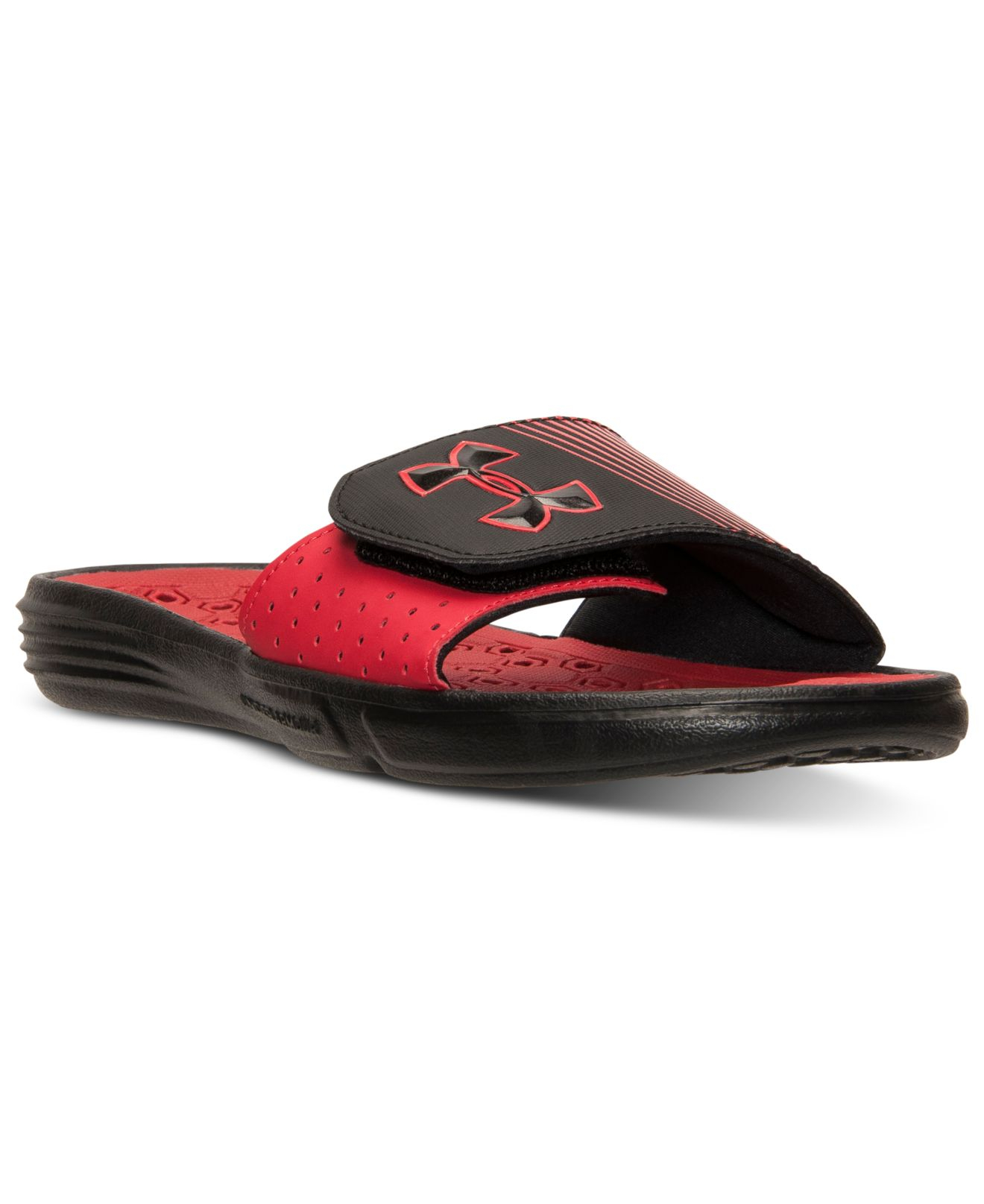 red and black under armour slides