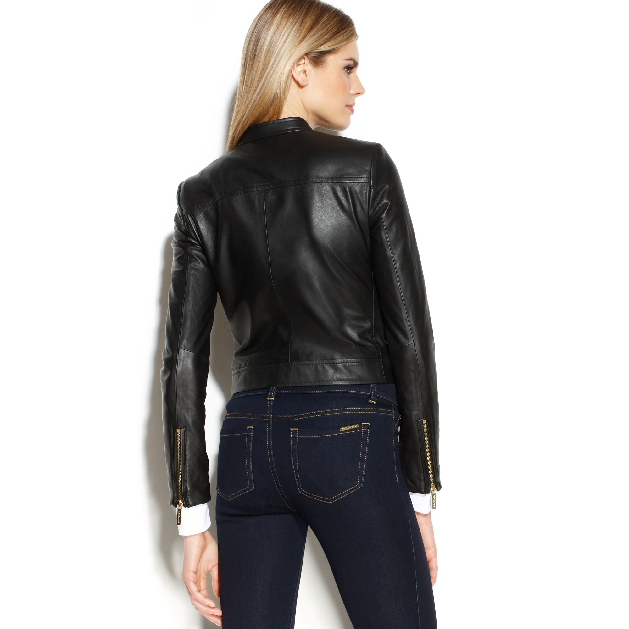 Michael Kors Michael Cropped Leather Moto Jacket in Black | Lyst
