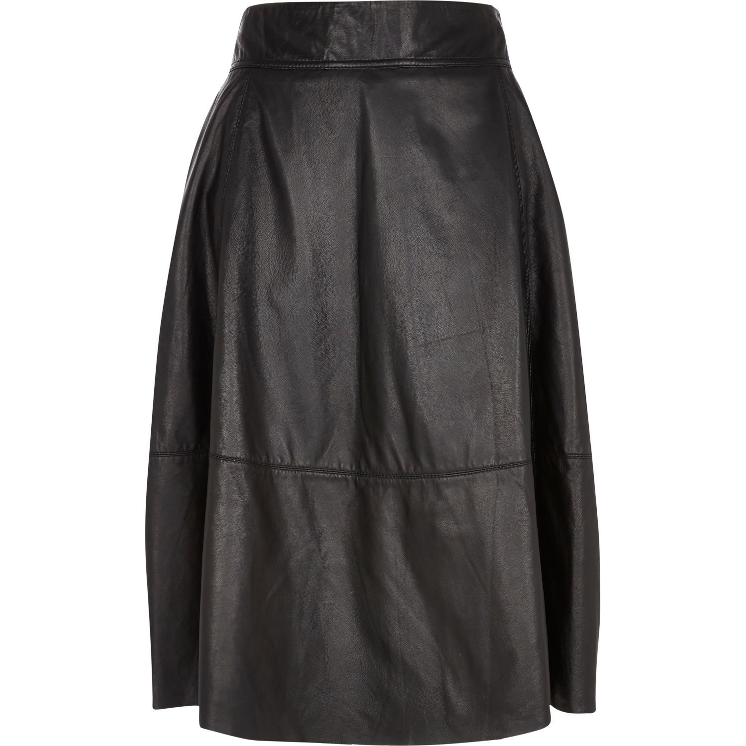 River island Black Leather A-Line Midi Skirt in Black | Lyst