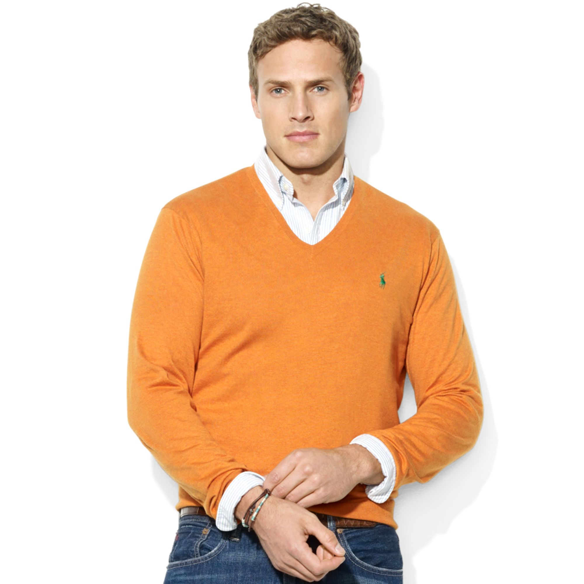 Ralph Lauren V neck Pima Cotton Sweater in Golden Orange (Orange) for ...