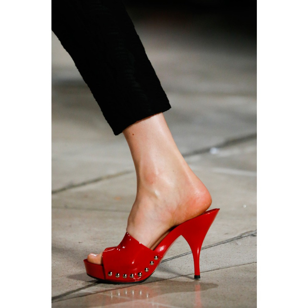 red patent leather mules