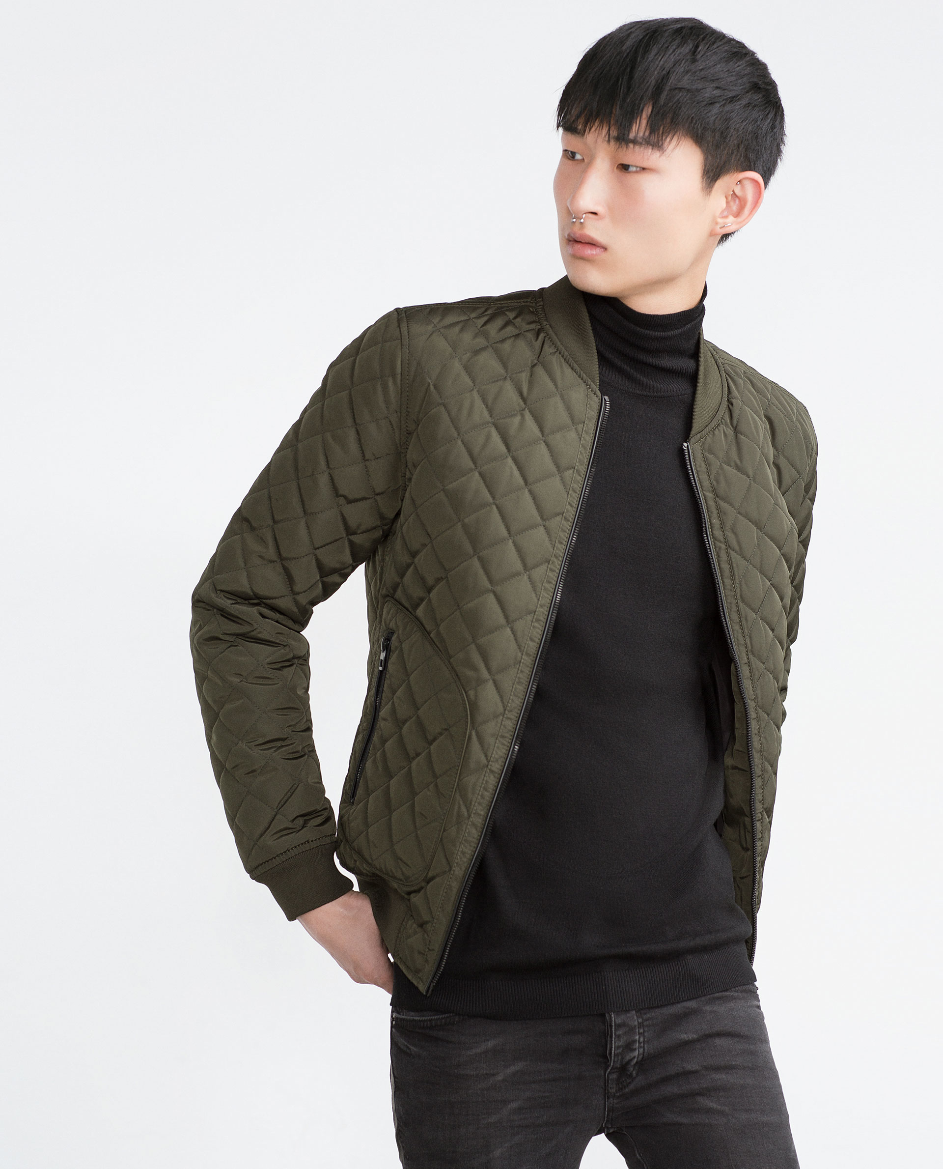 Zara Quilted Bomber Jacket in Khaki for Men | Lyst